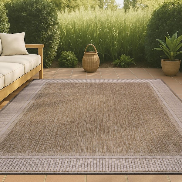 Hali Coastal Casual Wide Stripe Border Beige/Cream 8 ft. x 10 ft. Indoor/Outdoor Area Rug