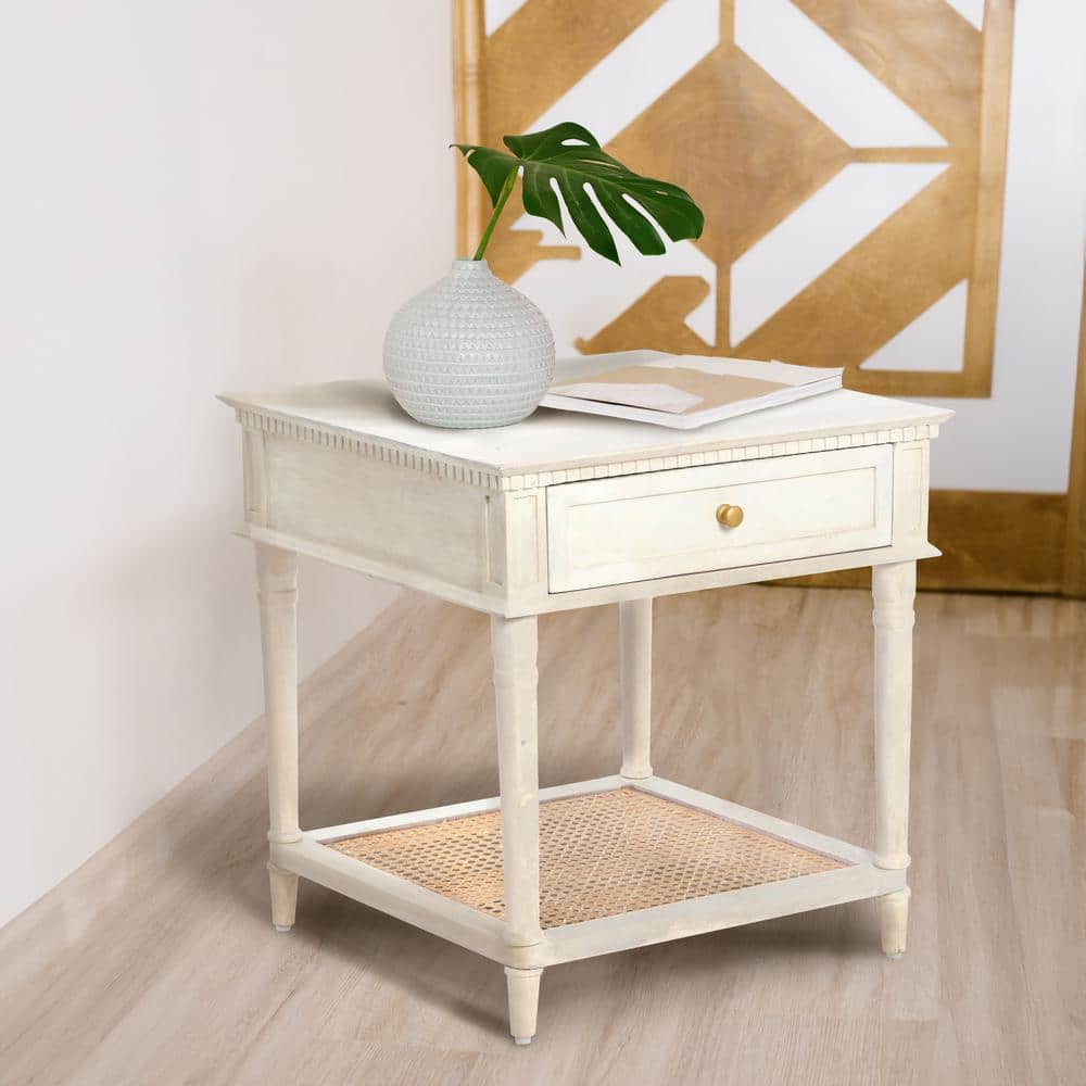 Distressed White Wood End Table with Cane Shelf and Drawer