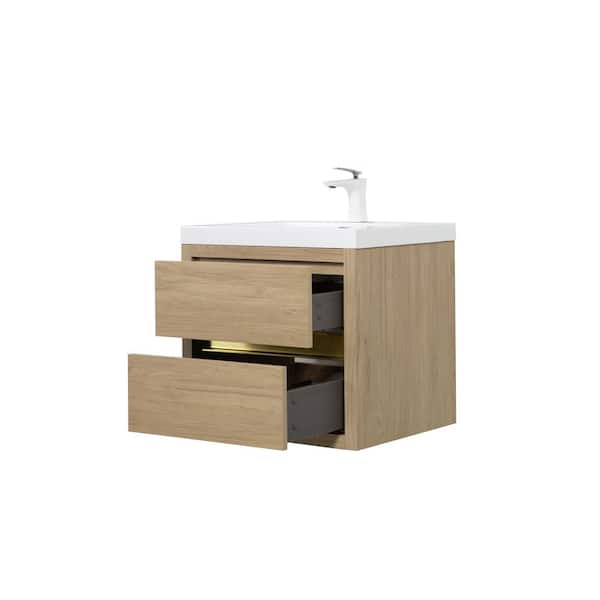 Haven 23.6 in. Modern Floating Natural Oak Bath Vanity with White Resin Top, Drawers, Wood