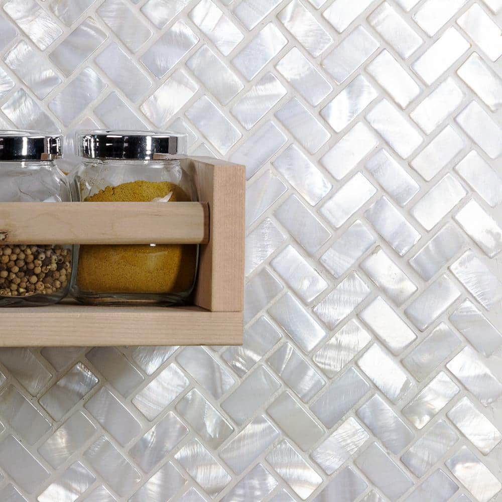 Pacif White Pearl Shell Herringbone Mosaic Tile