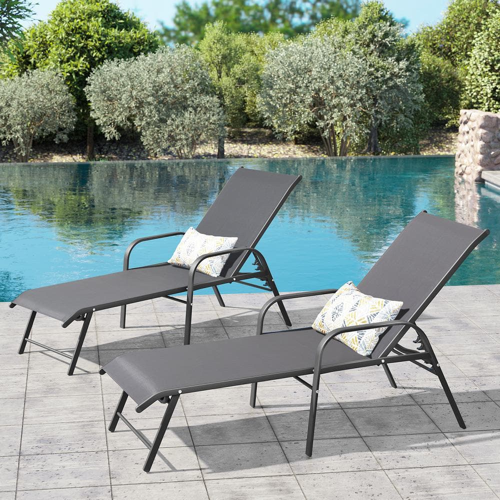 Crestlive Products 2-Piece Aluminum Adjustable Outdoor Chaise Lounge in Gray with Armrests