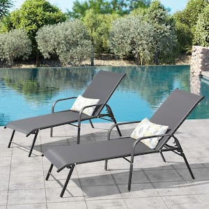 2-Piece Aluminum Adjustable Outdoor Chaise Lounge in Gray with Armrests