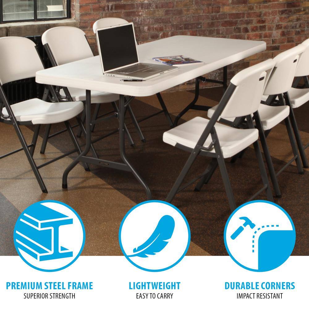 6-Foot White Granite Rectangular Folding Table with Steel Frame