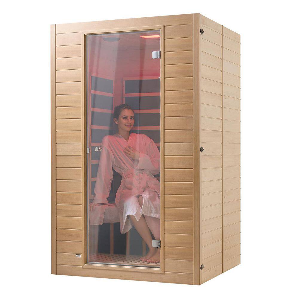 2-Person Far Infrared Indoor Wooden Infrared Sauna, Low EMF Hemlock Wood Spa with Tempered Glass Door
