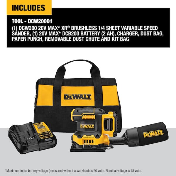 20V MAX XR Cordless Brushless 1/4 Sheet Variable Speed Sander with (1) 20V 2.0Ah Battery and Charger