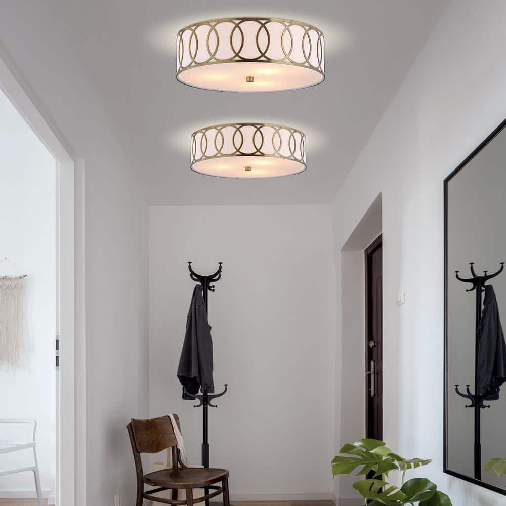 Aubrey Brass Gold 15.5" Drum LED Flush Mount with Linen Shade