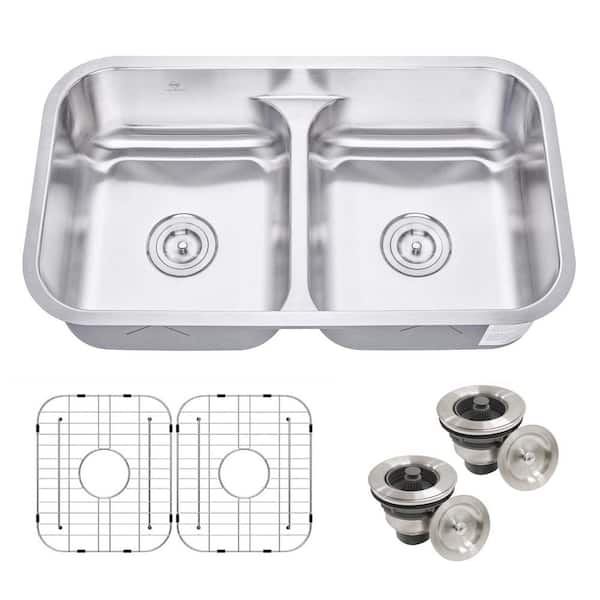 32 in. Undermount Low Divide Kitchen Sink 50/50 Double Bowl 16 Gauge with Stainless Steel Bottom Grid and Sink Strainer