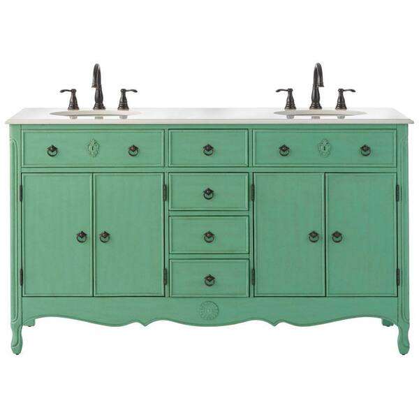 Home Decorators Collection Keys 61 in. W Vanity in Distressed Aqua Marine with Marble Vanity Top in Cream with White Basin