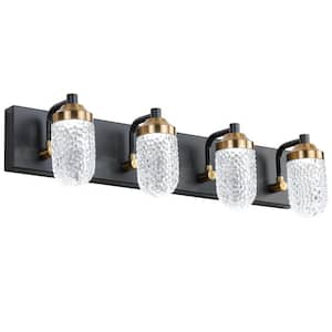 24.8 in. 4-Light LED Vanity Lighting with Coated Matt Black Frame and Transparent Crystal Glass Shade, 6000K, Cool White