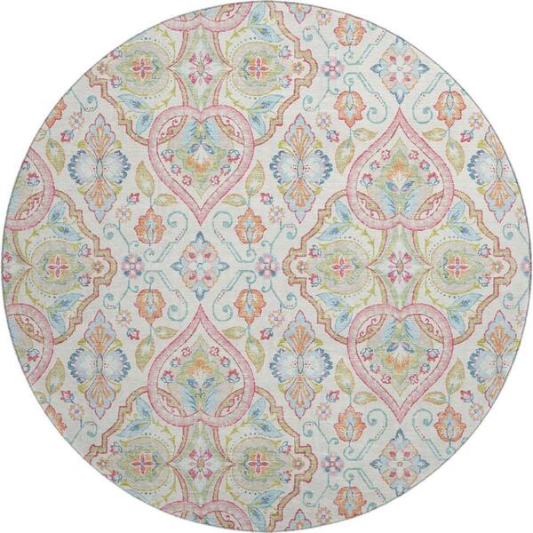 Mayfield Premium Machine Washable Abstract AMF2207 Ivory 8 ft. x 8 ft. Round Rug