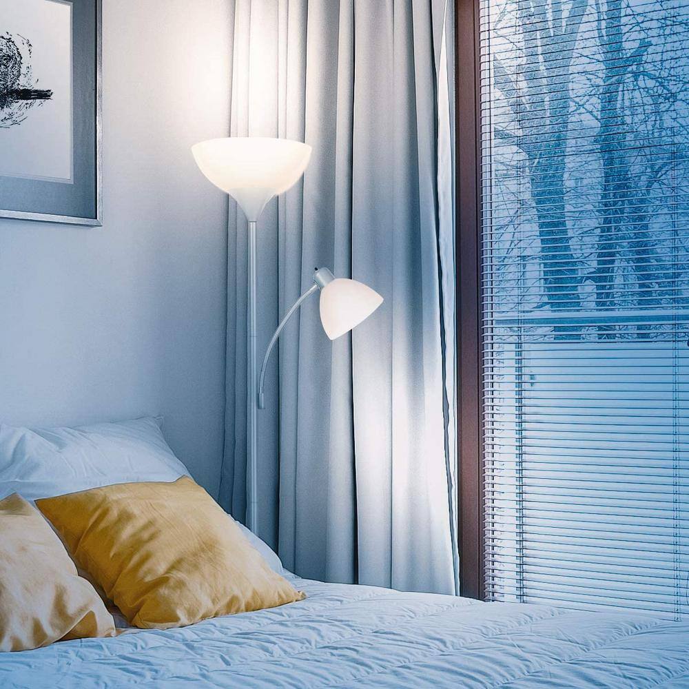 Platinum Silver Adjustable LED Torchiere Floor Lamp with Reading Light