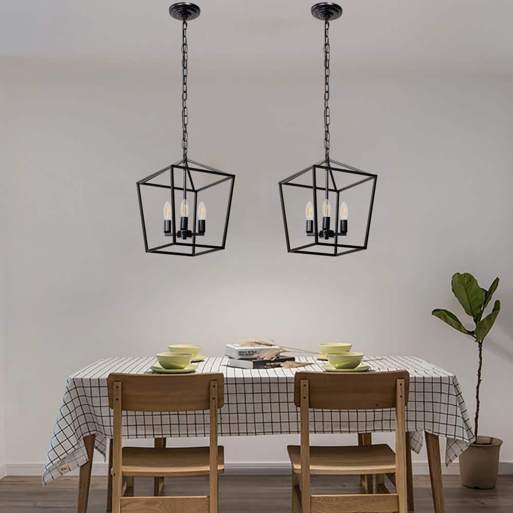 Black Metal Geometric Lantern Pendant Light with Chain