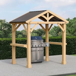 Meridian 8 ft. x 5 ft. Premium Cedar Outdoor Grilling Shade Gazebo with Brown Aluminum Roof and 2 Counter Shelves