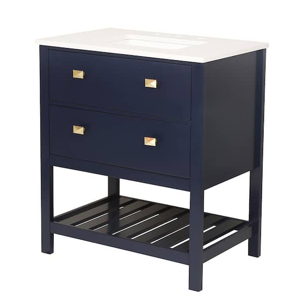 CASAINC 30 in. W x 19 in. D x 36.6 in. H Freestanding Bath Vanity in Navy Blue with White Engineered Stone Top