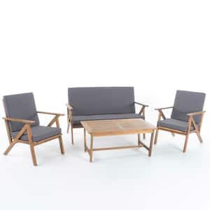 4-Piece Wood Conversation Set with Waterproof Gray Cushions, 1 Loveseat, 2 Club Chairs, 1 Coffee Table for Outdoor Use