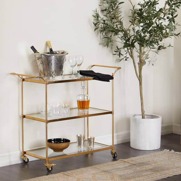 Litton Lane 31 in. H Brass Rolling 3 Glass Shelf Bar Cart with Lockable Wheels