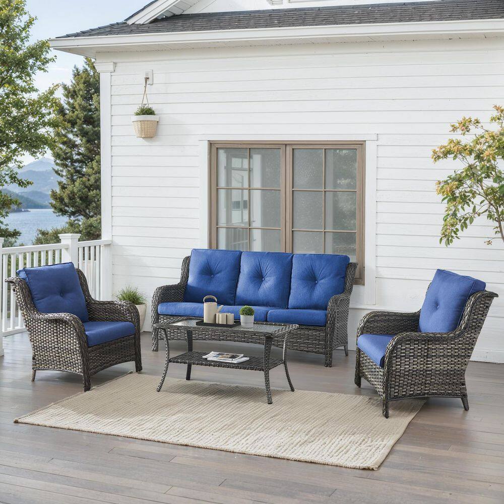 Arcline 4-Piece Gray Wicker Patio Conversation Set with Olefin Blue Cushions and Lounge Chairs/Sofa price history on PriceWatchPro