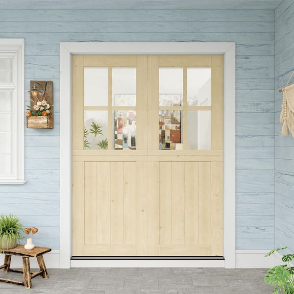 64 in. x 80 in. Solid Pine Universal 4 Lite Clear Glass Unfinished Dutch Door Design Wood Front Door Slab