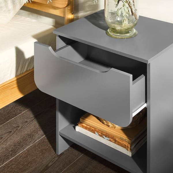 1-Drawer Dark Grey Modern Nightstand with Cubby
