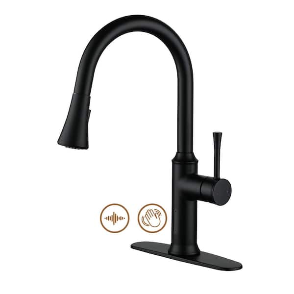 Single Handle Touchless Pull Down Sprayer Kitchen Faucet Voice and Sensor Faucet with Deckplate and Drain in Matte Black