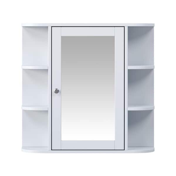 26 in. W x 24.75 in. H Rectangular White Surface Mount Medicine Cabinet with Mirror, Adjustable Wood Shelf & Doors