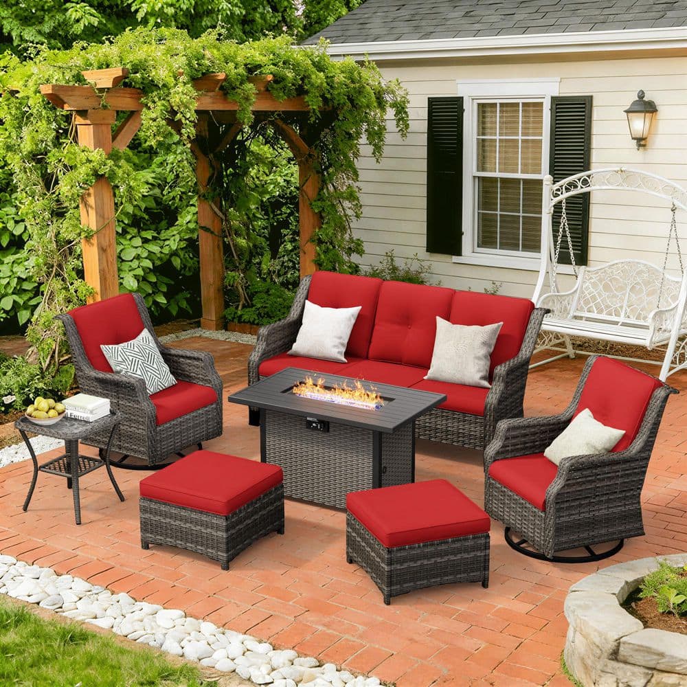 Building Pit Set MeetLeisure 7-Piece Brown Wicker Fire Pit Conversation Set with Olefin ...