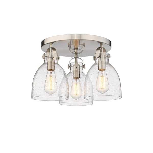 Newton Bell 19.63 in. 3-Light Satin Nickel Industrial Flush Mount with Seeded Glass Shade