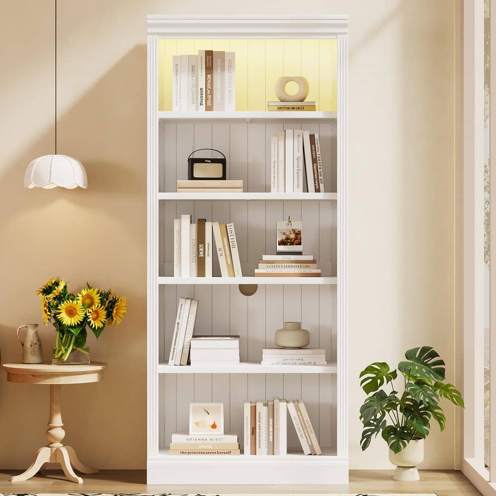 Polibi 83.4 in. Tall White Solid Wood Bookcase with Light Strip