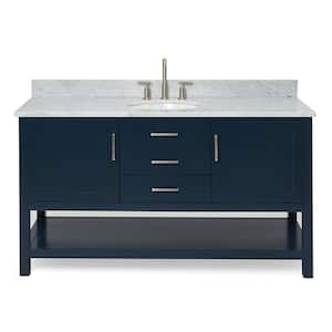 Bayhill 61 in. W x 22 in. D x 35.25 in. H Freestanding Bath Vanity in Midnight Blue with Carrara White Marble Top