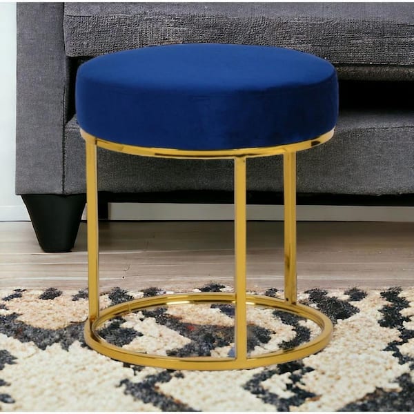 HomeRoots Blue Velvet Round Accent Ottoman