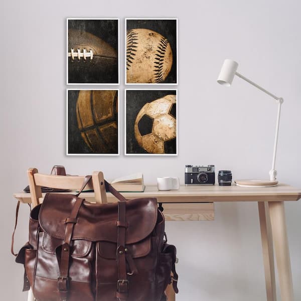 Distressed Vintage Sports Balls by Kim Allen 4 Piece White Framed Sports Giclee Art Print 14 in. x 11 in.