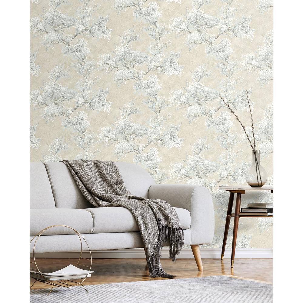 Parchment & Morning Fog Vinyl Floral Peel and Stick Wallpaper