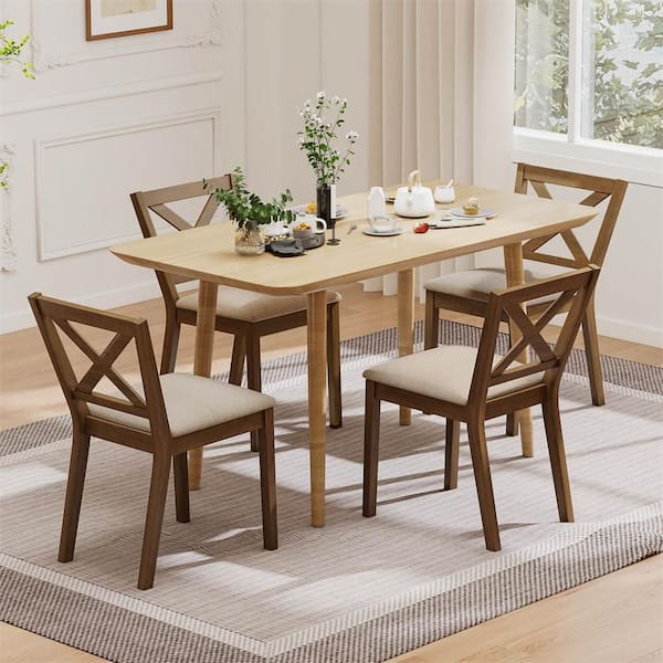 Light Brown Fabric Dining Chair Set of 4 Upholstered Seat and Breathable X-Shaped