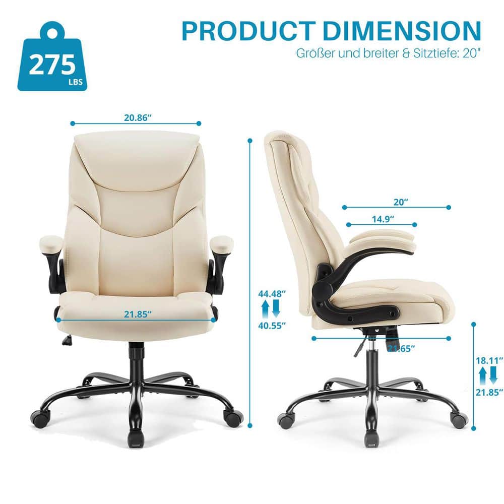 Ergonomic PU Leather Seat High Back Heavy Duty Office Executive Chair in Cream with Flip-up Arms - Thumbnail 2
