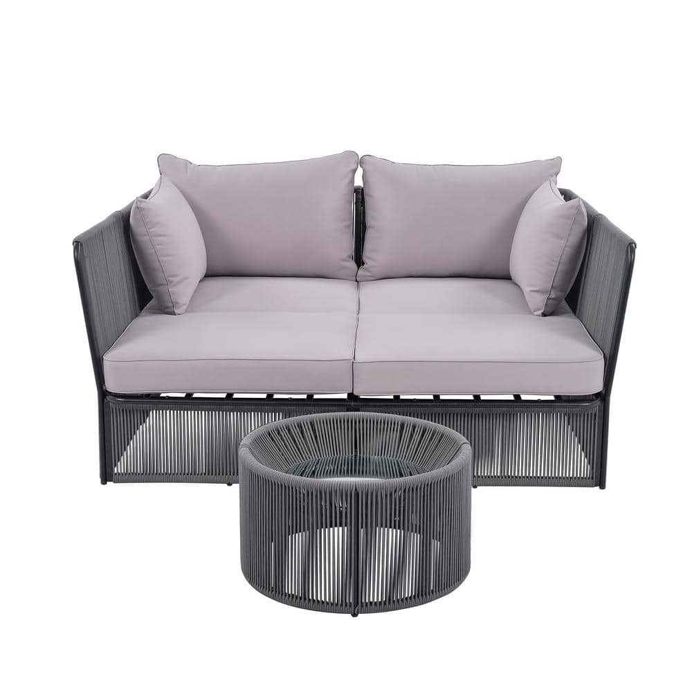 2-Piece Wicker Outdoor Sunbed, Patio Double Chaise Lounger Loveseat Daybed 