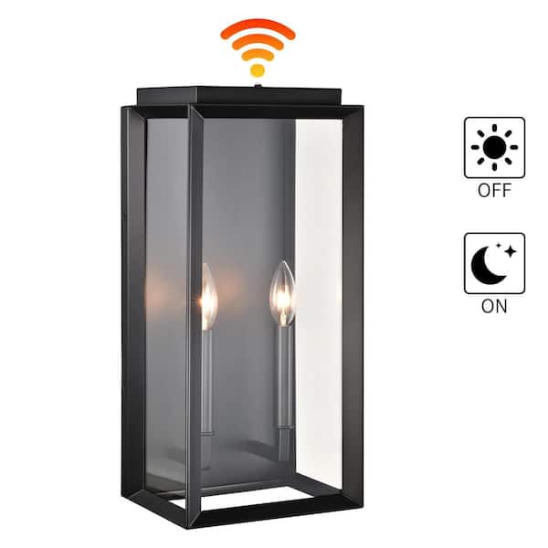 19 in. 2-Light Matte Black Dusk to Dawn Outdoor Wall Sconce with Clear Glass