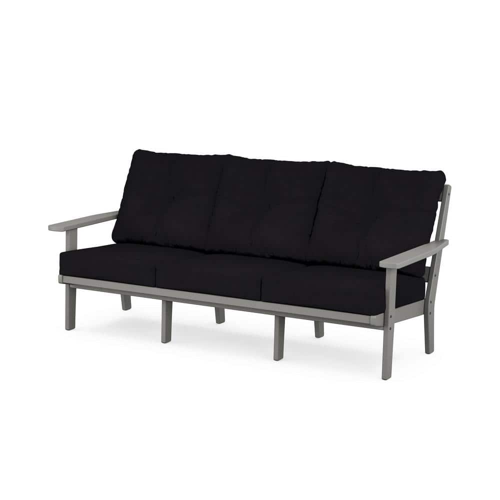 POLYWOOD Prairie Plastic Outdoor Deep Seating Couch in Slate Grey with Midnight Linen Cushions