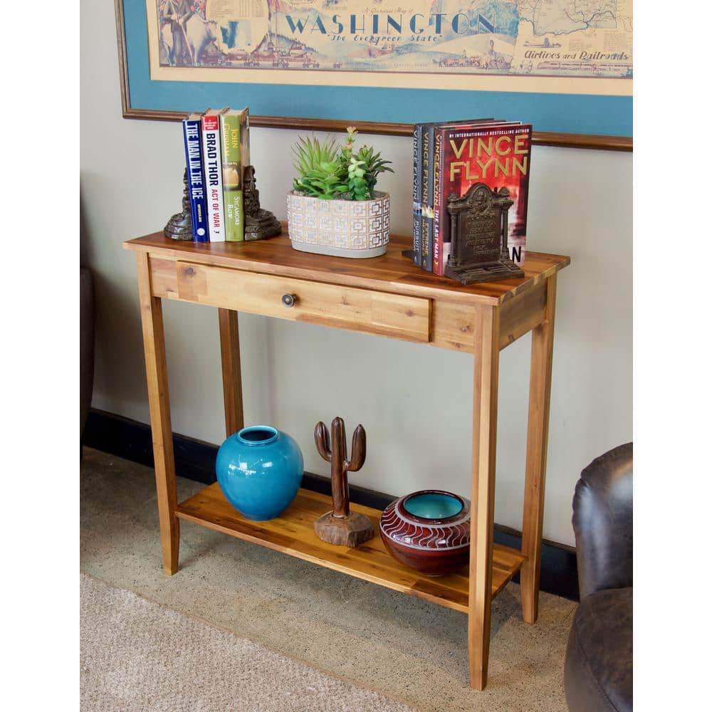 Natural Acacia Wood Console Table with Drawer and Shelf
