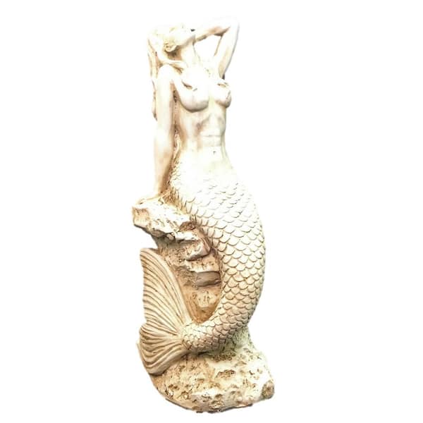 HOMESTYLES 16 in. Antique White Sexy Mermaid Sitting on Coastal Rock Beach Nautical Statue