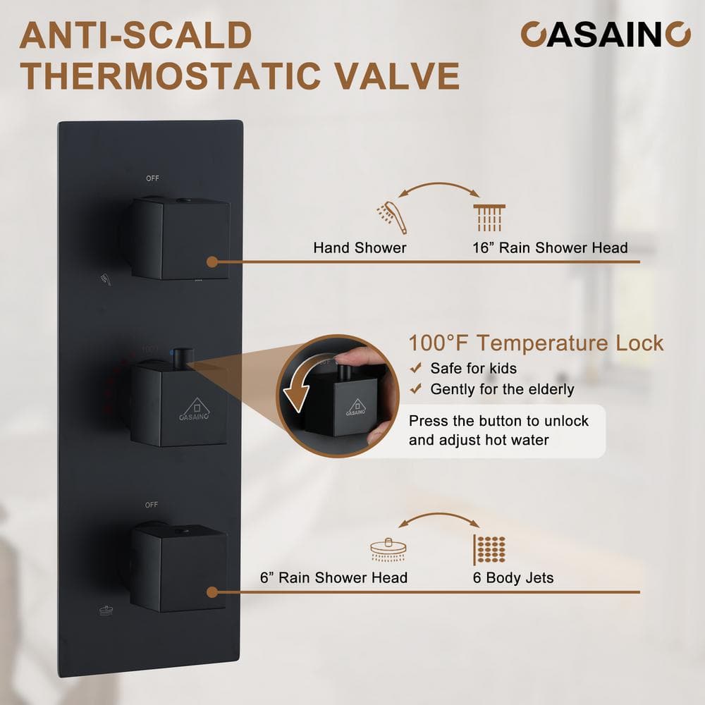 Matte Black 16" Thermostatic Dual Shower System with Handheld and Body Jets