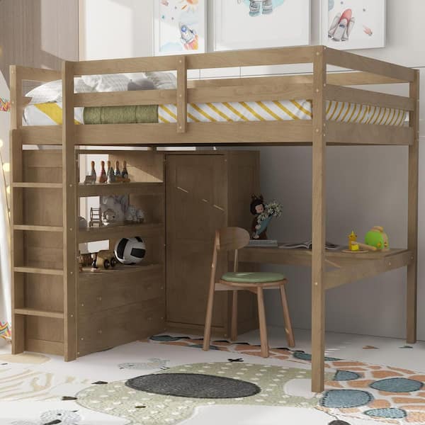 Harper & Bright Designs Walnut Full Size Loft Bed with Wardrobe, Desk, Drawers, Shelves