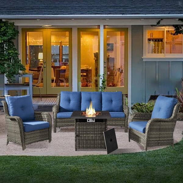 Arcline 4-Piece Gray Wicker Fire Pit Conversation Set with Olefin Blue Cushions and Couch