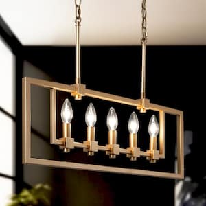 Modern Dining Room Linear Chandelier 5-Light Gold Island with Candlestick Design