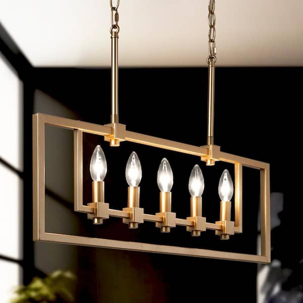 Uolfin Modern Dining Room Linear Chandelier 5-Light Gold Island with Candlestick Design