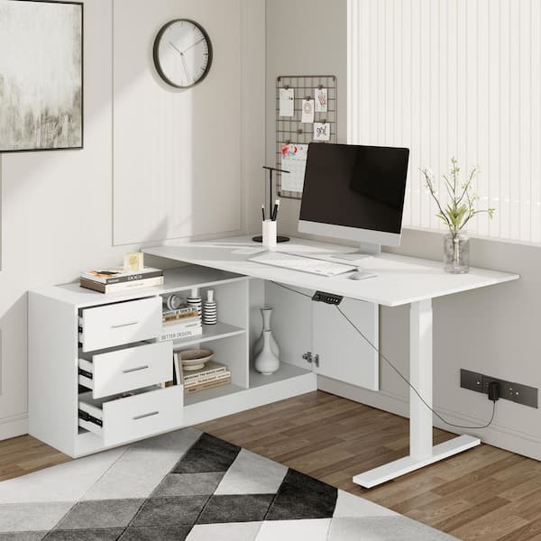 63 in. Width L-Shape White Wooden 3-Drawer Writing Desk with Adjustable Height, Open Shelves and a Door Storage Cabinet
