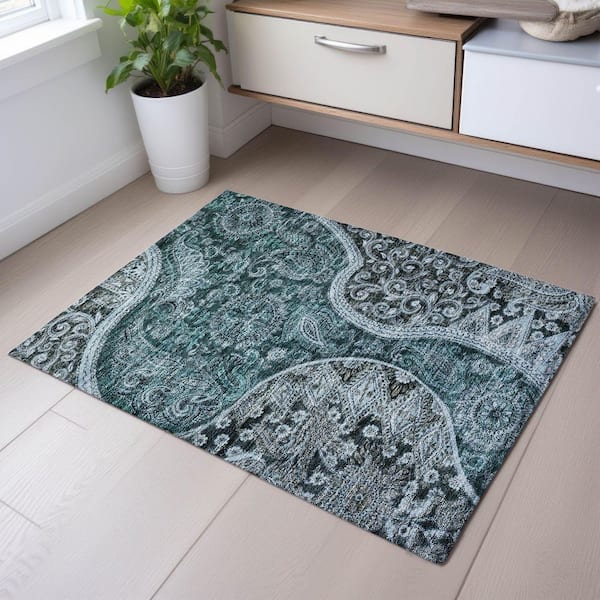 Mayfield Premium Machine Washable Abstract AMF1078 Teal 2 ft. x 3 ft. Area Rug