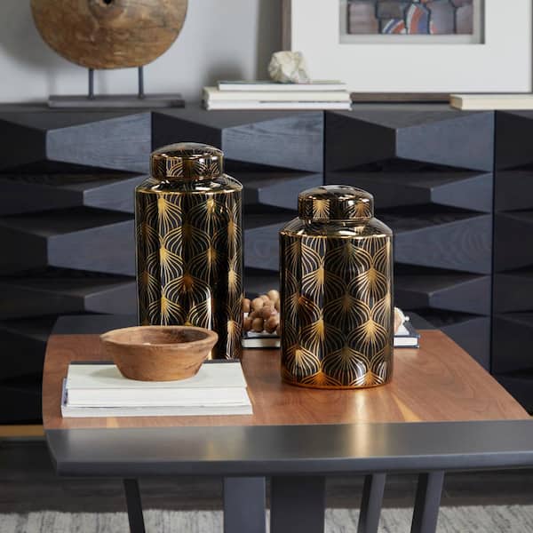 Novogratz Black Ceramic Floral Decorative Jars with Gold Accents (Set of 2)
