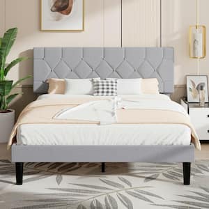 Upholstered Bed, Platform Bed with Adjustable Headboard, Wood Slat Support, No Box Spring Needed, Gray Queen Bed Frame