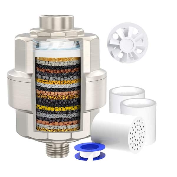 Lukvuzo 20-Stage Shower Head Filter for Hard Water High Output Water Softener with 3 Replaceable Filter Cartridges in Nickel
