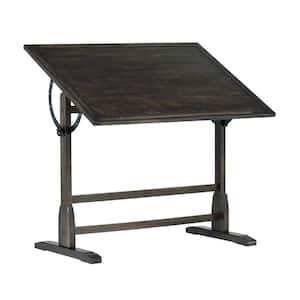 Vintage 42 in. W Distressed Black Solid Wood Drawing Writing Desk with Adjustable Tilting Top
